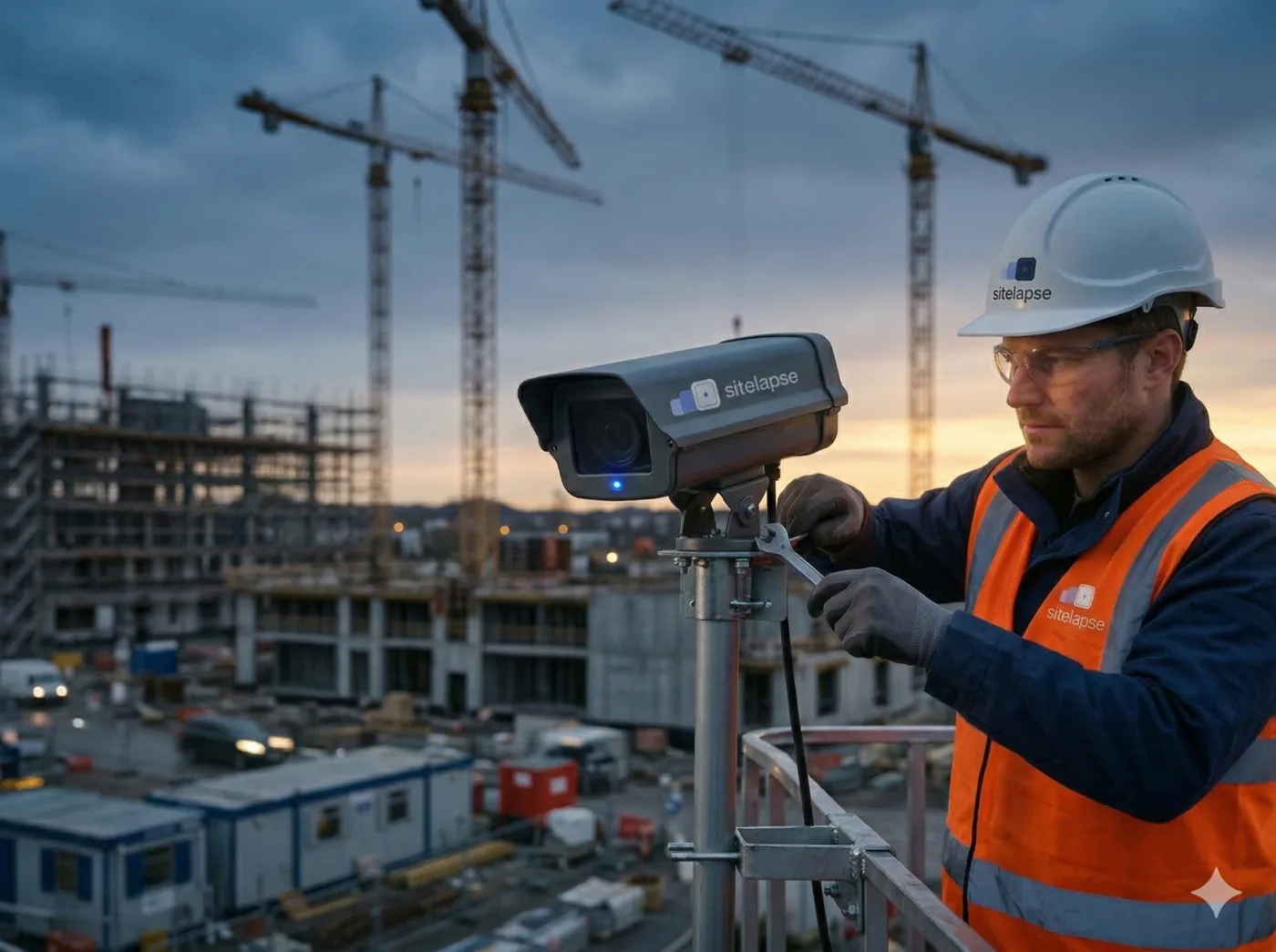 Sitelapse technician installing a weatherproof camera on a construction site
