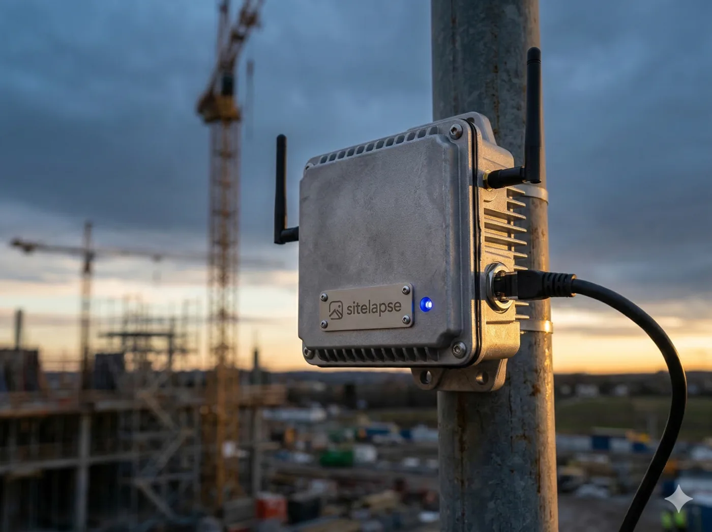 Rugged Sitelapse connectivity unit mounted on a construction site pole