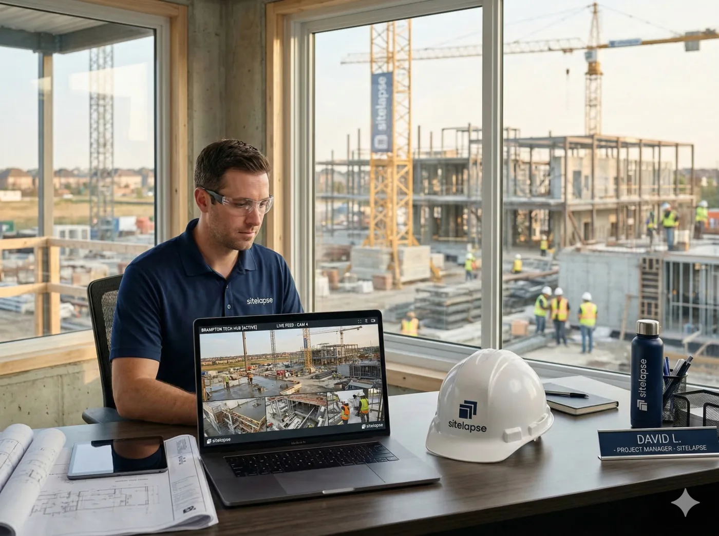 Project manager viewing a live construction feed in the Sitelapse portal on a laptop