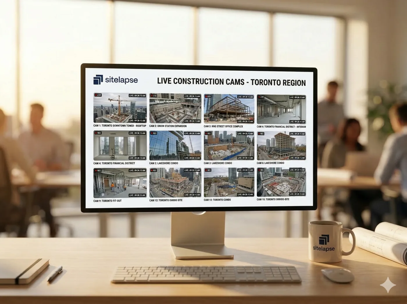 Desktop monitor showing the Sitelapse multi-camera construction dashboard